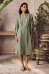 Buy_Grassroot By Anita Dongre_Green Linen, Cotton Embroidery V-neck Isylwn Handwoven Dress _at_Aza_Fashions
