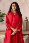 Grassroot By Anita Dongre_Red Cotton, Silk Round Neck Ruska Handwoven Maheshwari Kurta And Pant Set _Online_at_Aza_Fashions