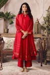 Buy_Grassroot By Anita Dongre_Red Cotton, Silk Round Neck Ruska Handwoven Maheshwari Kurta And Pant Set _at_Aza_Fashions
