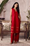 Buy_Grassroot By Anita Dongre_Red Cotton, Silk Embroidery V-neck Eliane Handwoven Maheshwari Kurta And Pant Set _at_Aza_Fashions