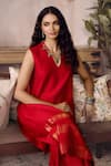 Buy_Grassroot By Anita Dongre_Red Cotton, Silk Embroidery V-neck Eliane Handwoven Maheshwari Kurta And Pant Set _Online_at_Aza_Fashions