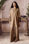 Grassroot By Anita Dongre_Gold Cotton, Silk Split V-neck Glyn Handwoven Maheshwari Kurta And Pant Set _Online_at_Aza_Fashions