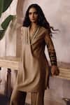 Buy_Grassroot By Anita Dongre_Gold Cotton, Silk Split V-neck Glyn Handwoven Maheshwari Kurta And Pant Set _Online_at_Aza_Fashions