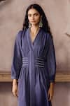 Grassroot By Anita Dongre_Blue Cotton Embroidery V-neck Mazarine Handwoven Dress _Online_at_Aza_Fashions
