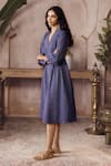 Buy_Grassroot By Anita Dongre_Blue Cotton Embroidery V-neck Mazarine Handwoven Dress _Online_at_Aza_Fashions