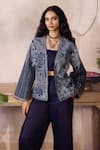 Grassroot By Anita Dongre_Blue Silk Embroidery Open , Sweetheart Elwood Hand Kantha Jacket Set _at_Aza_Fashions