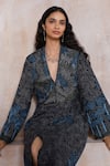 Shop_Grassroot By Anita Dongre_Blue Tussar, Silk, Cotton Embroidery V-neck Alvard Hand Kantha Dress _Online_at_Aza_Fashions