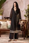 Buy_Grassroot By Anita Dongre_Black Cotton, Silk V-neck Androwe Handwoven Maheshwari Angarkha And Pant Set _at_Aza_Fashions