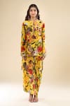 Shop_Anamika Khanna_Yellow Mandarin Collar Printed Kurta And Skirt Set _Online_at_Aza_Fashions