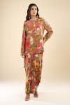 Buy_Anamika Khanna_Pink Mandarin Collar Printed Kurta And Skirt Set _Online_at_Aza_Fashions