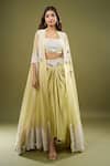 Shop Anamika Khanna Green Embroidery, Sequins Open , Square Cape Draped Skirt Set Online at Aza Fashions Shop_Anamika Khanna_Green Embroidery, Sequins Open , Square Cape Draped Skirt Set _Online_at_Aza_Fashions