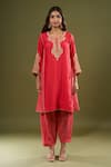 Sheetal Batra_Red Embroidery, Zari, Piping, Foil Printing Round Neck Kurta Set _Online_at_Aza_Fashions