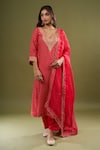 Buy_Sheetal Batra_Red Embroidery, Zari V-neck Gathered Kurta Set _at_Aza_Fashions