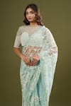 Shop_COUTURE BY NIHARIKA_Blue Net Embroidery, Beads Round Neck Saree With Blouse 