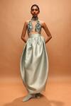 Buy_Pankaj & Nidhi_Green Tulle, Twill Beads, Araquis Seafoam Whisper Harness Top And Skirt Set _at_Aza_Fashions
