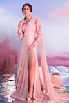 Buy_Ritika Mirchandani_Pink Net, Crepe, Georgette Sequins, Crystals, Blush Pre-draped Saree Set _at_Aza_Fashions