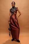 Buy_Pankaj & Nidhi_Orange Tulle, Twill Applique, Sequins, The Copper Zenith Harness Top And Skirt Set _at_Aza_Fashions