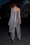 Shop Dash And Dot Silver Polyester Lace, Beads, Sequins One Shoulder Work Cape Top And Pant Set at Aza Fashions Shop_Dash And Dot_Silver Polyester Lace, Beads, Sequins One Shoulder Work Cape Top And Pant Set _at_Aza_Fashions