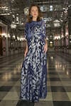 Buy_Dash And Dot_Blue Polyester Foil Printing Round Neck Draped And Pleated Kaftan _at_Aza_Fashions