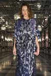 Shop_Dash And Dot_Blue Polyester Foil Printing Round Neck Draped And Pleated Kaftan _Online_at_Aza_Fashions