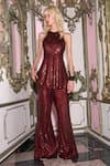 Shop Dash And Dot Red Polyester Sequins Halter , High Peplum Top And Flared Pant Set Online at Aza Fashions Shop_Dash And Dot_Red Polyester Sequins Halter , High Peplum Top And Flared Pant Set _Online_at_Aza_Fashions