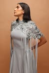 Shop_Pankaj & Nidhi_Blue Crepe High Neck Araquis Moonlit Ash Cape With Dress _Online_at_Aza_Fashions