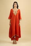 Sheetal Batra Orange Embroidery, Gota Patti, Zari V-neck Kaftan Set at Aza Fashions Sheetal Batra_Orange Embroidery, Gota Patti, Zari V-neck Kaftan Set _at_Aza_Fashions