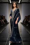 Buy_Nikita Mhaisalkar_Blue Velvet Embroidery, Beads V-neck Swirl Print And Kaftan _at_Aza_Fashions