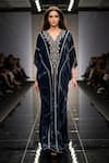 Shop_Nikita Mhaisalkar_Blue Velvet Embroidery, Beads V-neck Swirl Print And Kaftan _at_Aza_Fashions