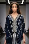 Nikita Mhaisalkar_Blue Velvet Embroidery, Beads V-neck Swirl Print And Kaftan _Online_at_Aza_Fashions