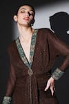 Shop_Nikita Mhaisalkar_Brown Georgette Sequins, Embroidery V-neck Turkish Thread Draped Dress _at_Aza_Fashions