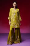 Shop_One Not Two_Green Silk, Organza Applique, Sequins, Beads, Floral Kurta And Sharara Set _Online_at_Aza_Fashions