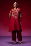 Buy_One Not Two_Red Silk, Organza, Satin Applique, Sequins, Beads, Floral Kurta And Pant Set _at_Aza_Fashions