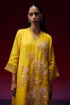 One Not Two_Yellow Silk Sequins, Beads, Crystals, Embroidery V-neck Floral Kurta And Pant Set _Online_at_Aza_Fashions