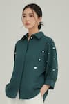 Shop Studio Moda India Green Cotton Mirrors Collared Embellished Square Sleeve Shirt at Aza Fashions Shop_Studio Moda India_Green Cotton Mirrors Collared Embellished Square Sleeve Shirt _at_Aza_Fashions