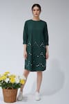 Buy_Studio Moda India_Green Cotton Round Neck Eyelet Embellished Shift Dress _at_Aza_Fashions