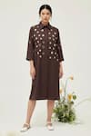 Buy_Studio Moda India_Brown Cotton Collared Eyelet Embellished Midi Dress _at_Aza_Fashions