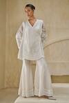 Buy_Pankaj & Nidhi_Ivory Tulle, Organza Embroidery, Sequins V-neck Aetermis In Blooming Kurta Set _at_Aza_Fashions