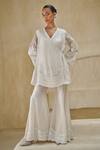 Pankaj & Nidhi_Ivory Tulle, Organza Embroidery, Sequins V-neck Aetermis In Blooming Kurta Set _Online_at_Aza_Fashions