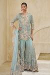 Buy_Pankaj & Nidhi_Aqua Tulle, Silk Organza Crest Of Radiant Embellished Kurta Sharara Set _at_Aza_Fashions