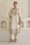 Buy_Pankaj & Nidhi_Ivory Brocade, Chanderi Silk Embroidery Split Lunar Cora Kurta And Pant Set _at_Aza_Fashions