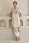 Pankaj & Nidhi_Ivory Brocade, Chanderi Silk Embroidery Split Lunar Cora Kurta And Pant Set _Online_at_Aza_Fashions
