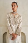 Buy_Pankaj & Nidhi_Ivory Brocade, Chanderi Silk Embroidery Split Lunar Cora Kurta And Pant Set _Online_at_Aza_Fashions