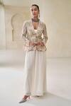 Buy_Pankaj & Nidhi_Ivory Tulle Embroidery V-neck Florica Drift Embellished Jacket And Pant Set _at_Aza_Fashions
