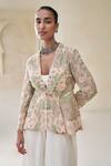 Buy_Pankaj & Nidhi_Ivory Tulle Embroidery V-neck Florica Drift Embellished Jacket And Pant Set _Online_at_Aza_Fashions