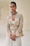 Shop_Pankaj & Nidhi_Ivory Tulle Embroidery V-neck Florica Drift Embellished Jacket And Pant Set _Online_at_Aza_Fashions