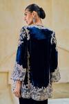 Shop_Pankaj & Nidhi_Navy Silk, Velvet Embroidery V-neck Timeless Grace Jacket And Pant Set _at_Aza_Fashions