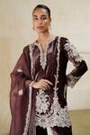 Pankaj & Nidhi_Brown Silk, Velvet Embroidery, Stones, Beads, Nova Charm Kurta And Pant Set _Online_at_Aza_Fashions