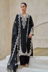 Buy_Pankaj & Nidhi_Black Chanderi Silk Embroidery Split V-neck Mystery Of Elegance Kurta Set _at_Aza_Fashions