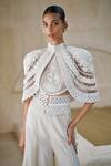 Pankaj & Nidhi_Ivory Tulle, Silk Organza Heritage Bloom Hand Embellished Cape Sharara Set _at_Aza_Fashions